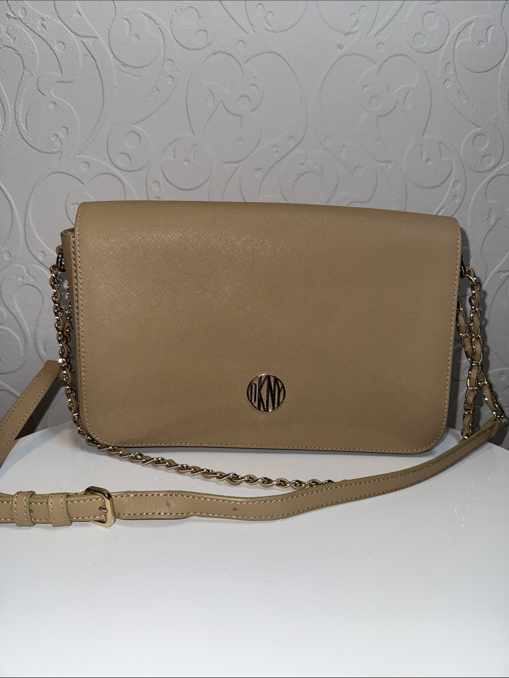DKNY Tan Leather Crossbody with Chain Strap